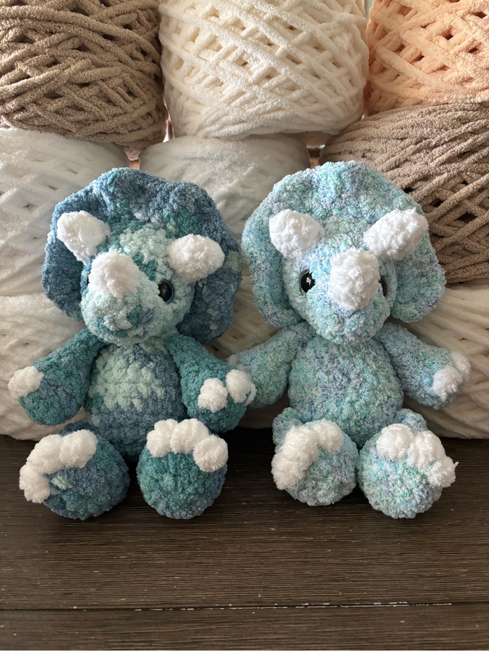 Crochet baby Triceratops plush.